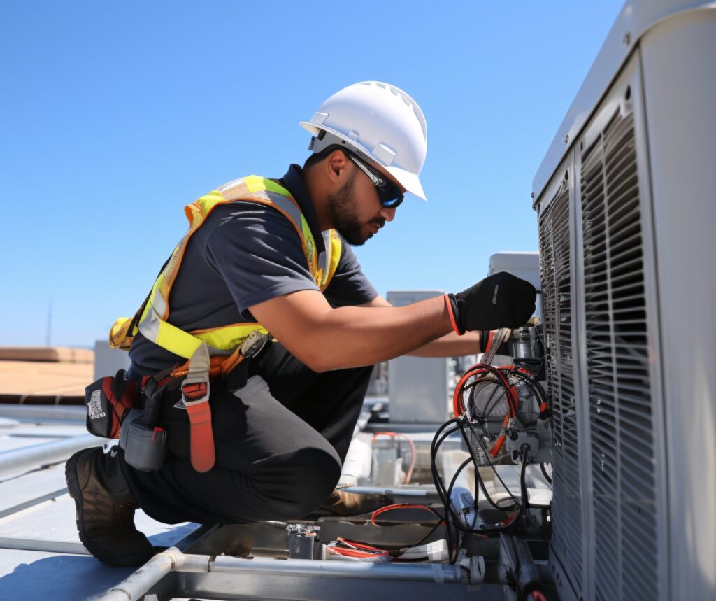 Installatie van een Daikin warmtepomp door New Energy Systems voor energiezuinige verwarming en koeling in bedrijfsgebouwen.