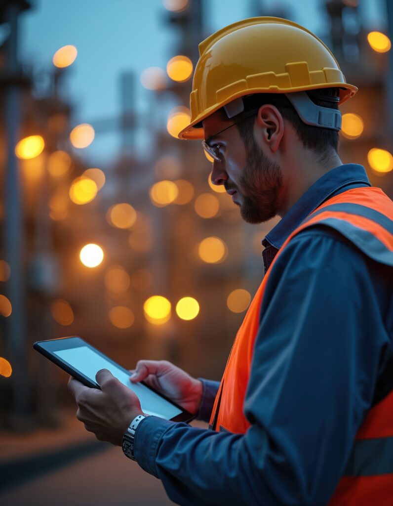 Man met bouwhelm bekijkt projectdata op iPad via New Energy Manager® voor efficiënt energiebeheer op locatie.