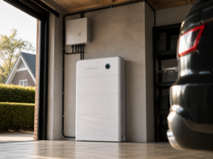Thuisbatterij in een garage voor het opslaan en slim gebruiken van zelf opgewekte zonne-energie.